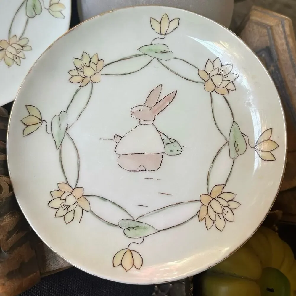 Antique MZ Austria bunny dessert Plates Set of 2 White Gold Gilt children 7”